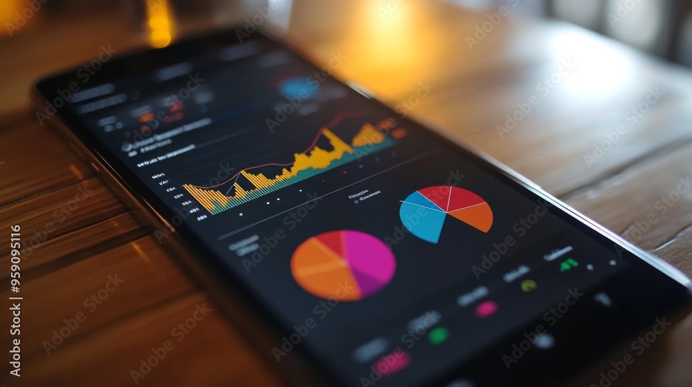 Poster A close-up of a smartphone screen displaying an interactive business graph app, with colorful pie charts and trend lines.