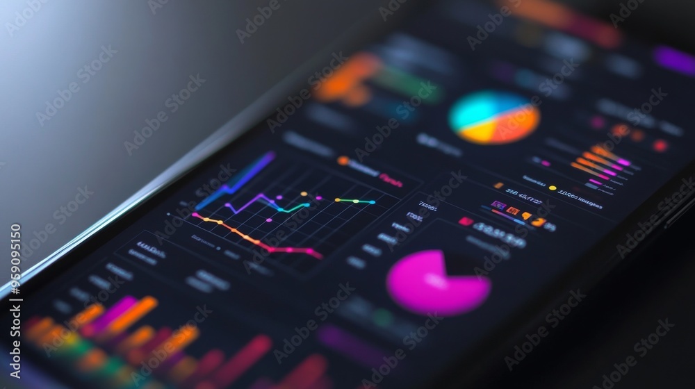 Poster A close-up of a smartphone screen displaying an interactive business graph app, with colorful pie charts and trend lines.