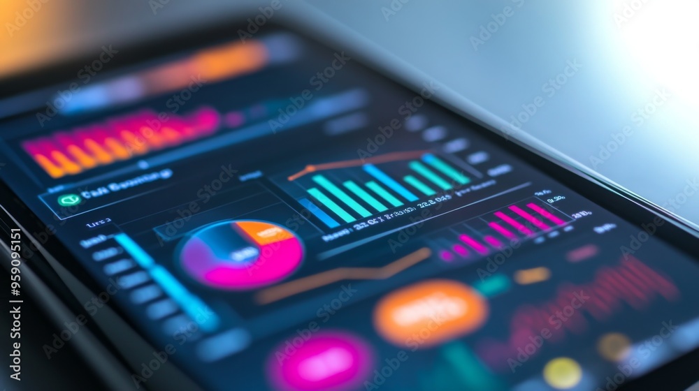 Poster A close-up of a smartphone screen displaying an interactive business graph app, with colorful pie charts and trend lines.