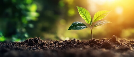 A vibrant green seedling growing from rich soil under warm sunlight, symbolizing hope and new beginnings in nature.