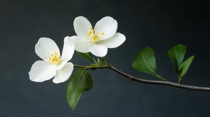 Obraz premium A close-up image of two delicate white blossoms with yellow centers, showcasing the beauty of nature's simplicity. The blossoms are on a branch with green leaves against a dark background, suggesting 
