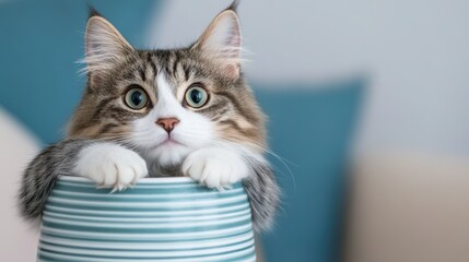 A cat sitting in a cup with its paws on the rim, AI