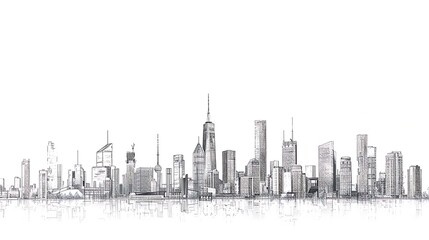 City skyline in linear design, clean white background. 32k, full ultra HD, high resolution