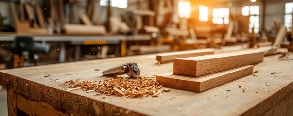 Woodworking tools and sawdust on a workbench in a workshop. - Powered by Adobe