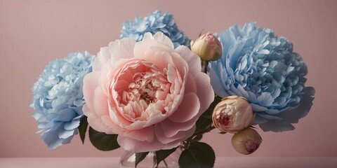 big flying roses and peonies in pastel pastel pink colors and blue hydrangeas on a pastel pink...