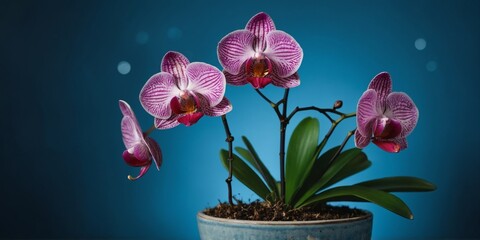 Beautiful rare orchid in pot on blue background.
