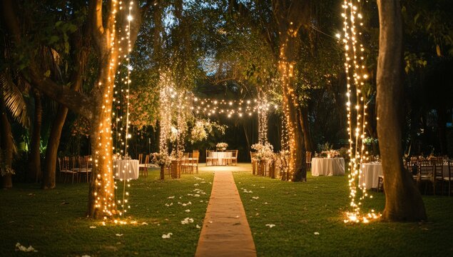 Enchanting outdoor wedding ceremony under twinkling string lights in lush garden
