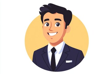 A man in a business suit smiles at the camera in a colorful flat illustration style