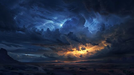 Naklejka premium Dramatic Stormy Sky: A dramatic stormy sky with dark clouds and lightning bolts illuminating the scene. 