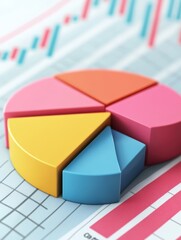 Fototapeta premium A colorful pie chart divided into five sections representing different business segments or strategies. The chart is on a graph paper background symbolizing data analysis, financial planning, and busi