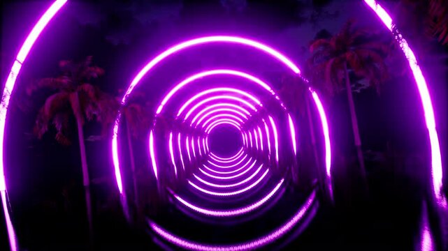 Palm alley under neon purple arches. Dark clouds rush across the night sky, reflecting off smooth surfaces, creating a futuristic atmosphere