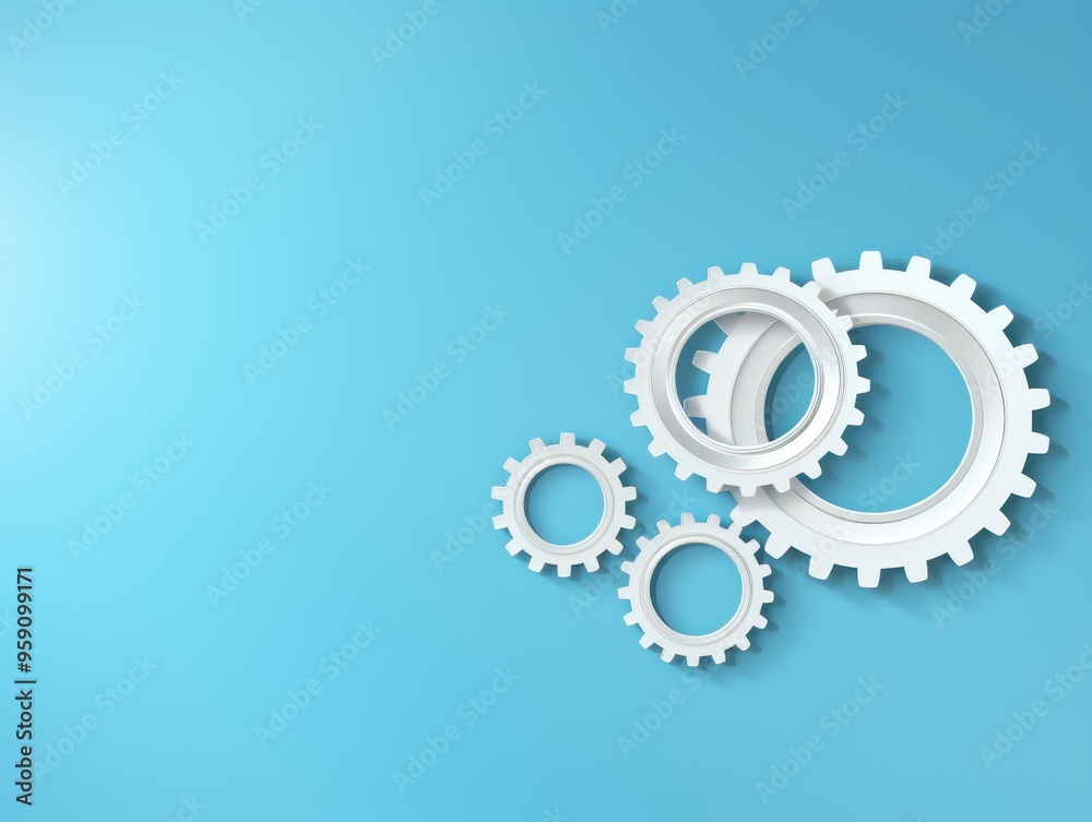 Wall mural three white gears on a sky blue background, laid flat, copy space concept for business technology an