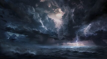 Obraz premium Dramatic Stormy Sky: A dramatic stormy sky with dark clouds and lightning bolts illuminating the scene. 