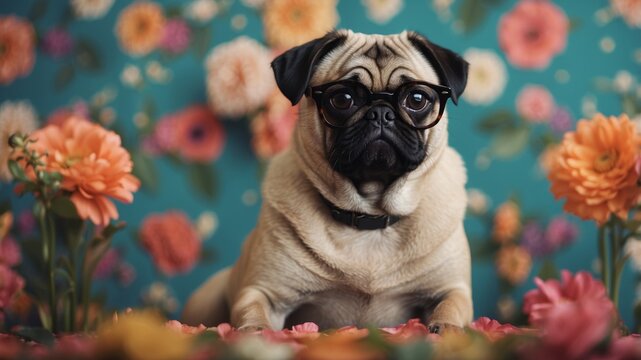 A pug dog wearing glasses sitting in front of a floral wallpaper.