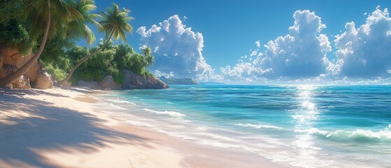 Tropical Beach with Palm Trees and Blue Ocean under a Sunny Sky