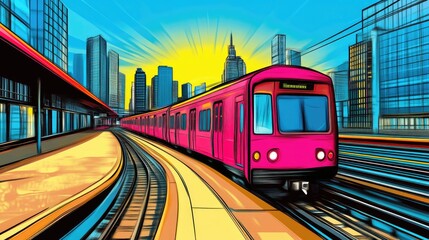 Colorful Pop Art Cityscape with Train