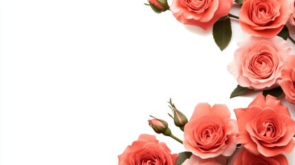 A delicate arrangement of peach-colored roses and buds forms a graceful border on a pristine white background. The image evokes themes of beauty, love, and new beginnings.