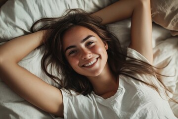 Naklejka premium Book Thin Line. Portrait of Smiling Caucasian Woman Lying on Bed