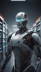 Fototapeta premium powered robot stands in a server room with an artificial intelligence emblem displayed on its chest - symbol for the large consumption of computing power through.