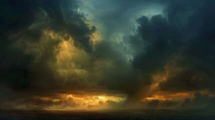 Fototapeta premium Dramatic Stormy Sky: A dramatic stormy sky with dark clouds and lightning bolts illuminating the scene. 