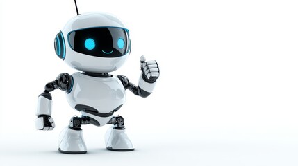 Naklejka premium A friendly robot with blue eyes is giving a thumbs up, symbolizing positivity, approval, encouragement, and success. The robot is isolated on a white background, making it perfect for various design p