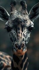 A close-up portrait of a giraffe's face, showing its large, dark eyes and distinctive pattern of spots.
