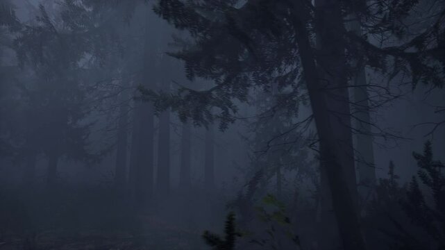 The foggy forest is immersed in the silence of the night. Silhouettes of trees are visible through the thick haze, their contours barely discernible in the darkness. A scene for horror or fantasy