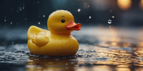 A yellow rubber duck is sitting in a puddle of water.