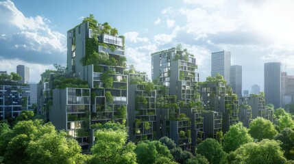 Obraz premium Modern urban cityscape featuring eco-friendly green buildings integrated with lush vegetation, surrounded by a vibrant city skyline.