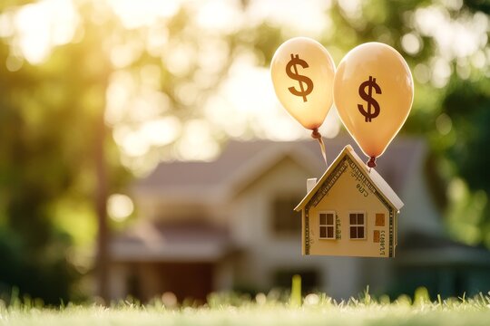 A house model made of paper money is lifted into the air by two balloons printed with dollar signs, symbolizing the financial benefit of refinancing a mortgage.  The house is in front of a blurred bac