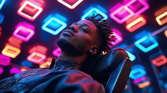 In a vibrant space illuminated by neon squares, a man leans back, enjoying the ambiance while dressed in a stylish black jacket. The colorful lighting creates a striking atmosphere.