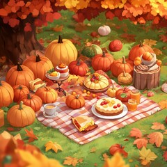 Pumpkin Patch Picnic with a Blanket and Seasonal Fall Foods Surrounded by Pumpkins and Foliage