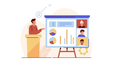 Digital education. Moving banner with male speaker conducting online conference with students. Distance education, electronic learning and remote studying. Cartoon flat animated graphics - Powered by Adobe