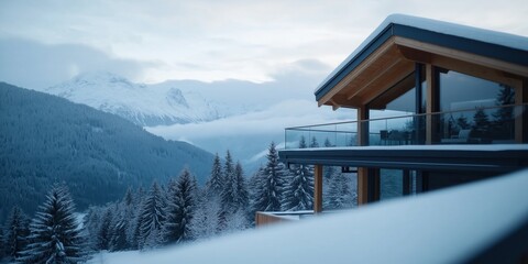 A wooden chalet in the Alps looking out over the snowy tree tops towards mountains