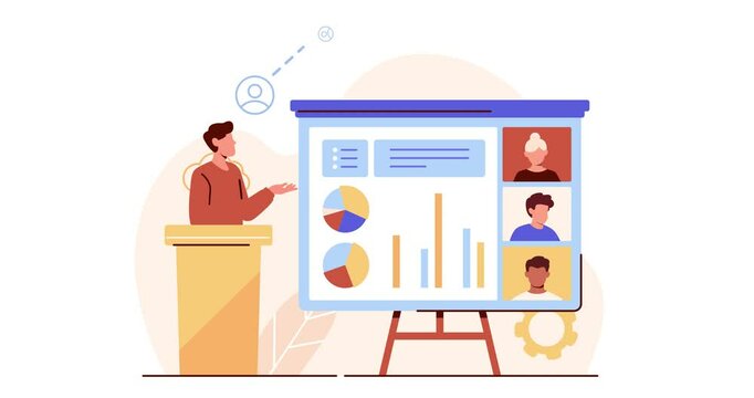 Digital education. Moving banner with male speaker conducting online conference with students. Distance education, electronic learning and remote studying. Cartoon flat animated graphics