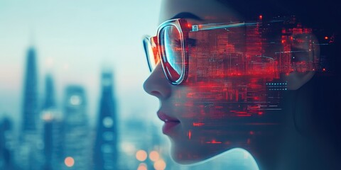 Professional Woman with Digital Interface Over City Skyline