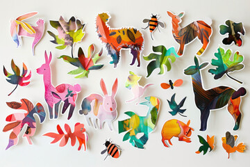 Obraz premium Colorful paper cutouts of animals, leaves, and insects arranged on a white background. Playful nature and wildlife illustration concept
