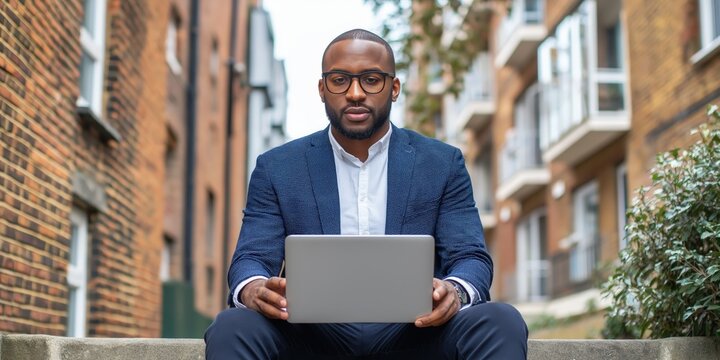 A cool young man wearing a smart navy blue suit and trainers, sat on a wall using a laptop in a London housing estate with flats