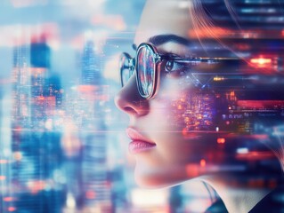 Businesswoman Surrounded by Digital Technology Overlay