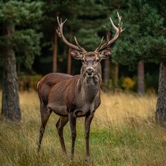 Fototapeta premium Majestic stag stands proudly in a serene autumn forest landscape