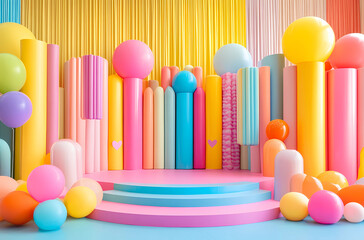 Playful Vibrant Plastic 3D Stage Set in Bright Cartoon Colors