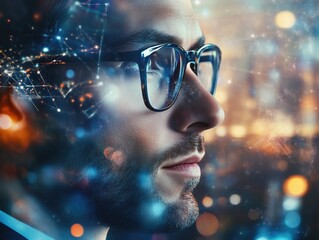 Entrepreneur with Glasses Overlooking Digital Urban Landscape