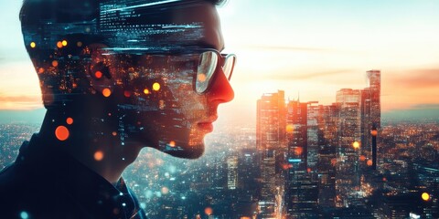 Innovative Businessman in Glasses with Digital City Overlay