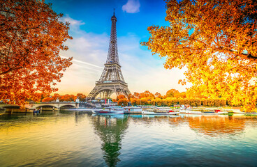 Paris Eiffel Tower and river Seine with sunrise in Paris, France at fall day. Eiffel Tower is one...