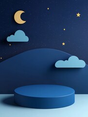 A minimalist 3D  of a midnight blue podium, bathed in soft moonlight. The scene evokes a sense of tranquility and dreams, with stars twinkling in the sky and clouds floating gently overhead.