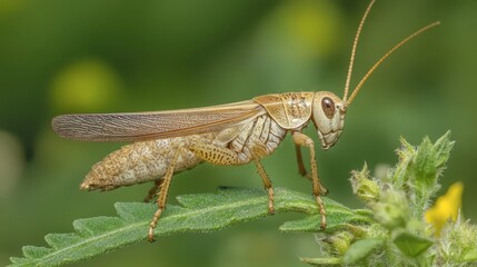 Close-up of a golden grasshopper perched on a green leaf in sunlight