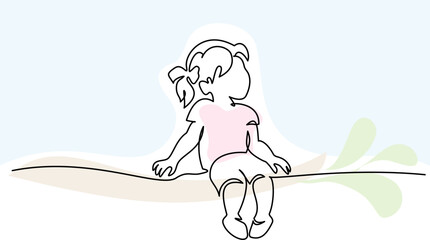 Fototapeta premium Cute baby girl sitting on the white background. Continuous one line art drawing
