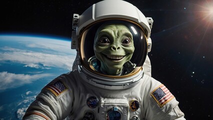 Fototapeta premium An alien astronaut explores a futuristic spacecraft in deep space, showcasing a blend of advanced technology and extraterrestrial life
