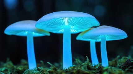 Fototapeta premium Glowing mushrooms in a dark enchanted forest, bioluminescent glowtime, otherworldly and mystical, nature's hidden wonders