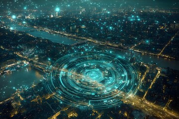 Futuristic Cityscape with Digital Interface Overlay